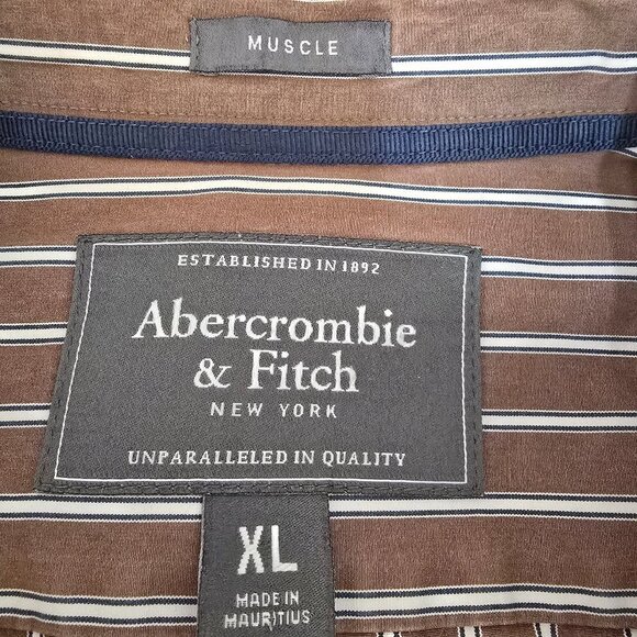 ABERCROMBIE AND FITCH MENS BUTTON DOWN LONG SLEEVE COCOA & WHITE STRIPE XL - Picture 7 of 7